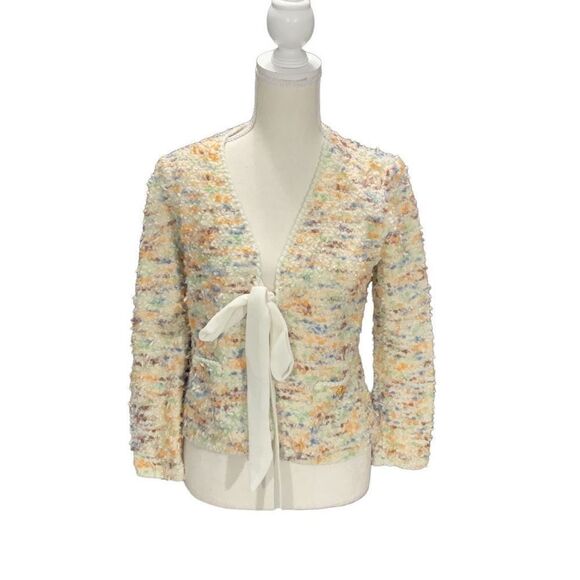 Handmade Sweaters - Handmade Vintage Fuzzy Knit Short V Neck Cardigan Sweater Long Sleeve Tie Front